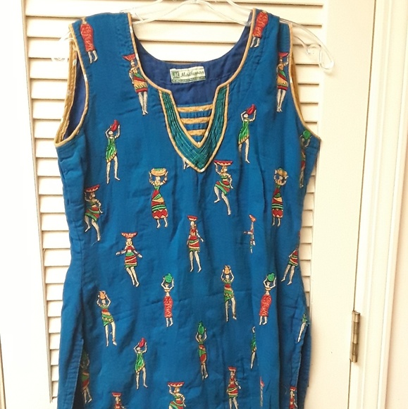 Madhuvan Vintage Indian Boho Blue Printed Dress - Picture 1 of 7